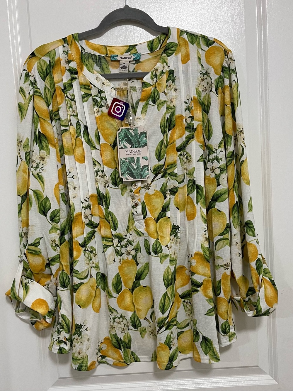 Madison Lemon Print Blouse 2X NWT Yellow Green Floral Top